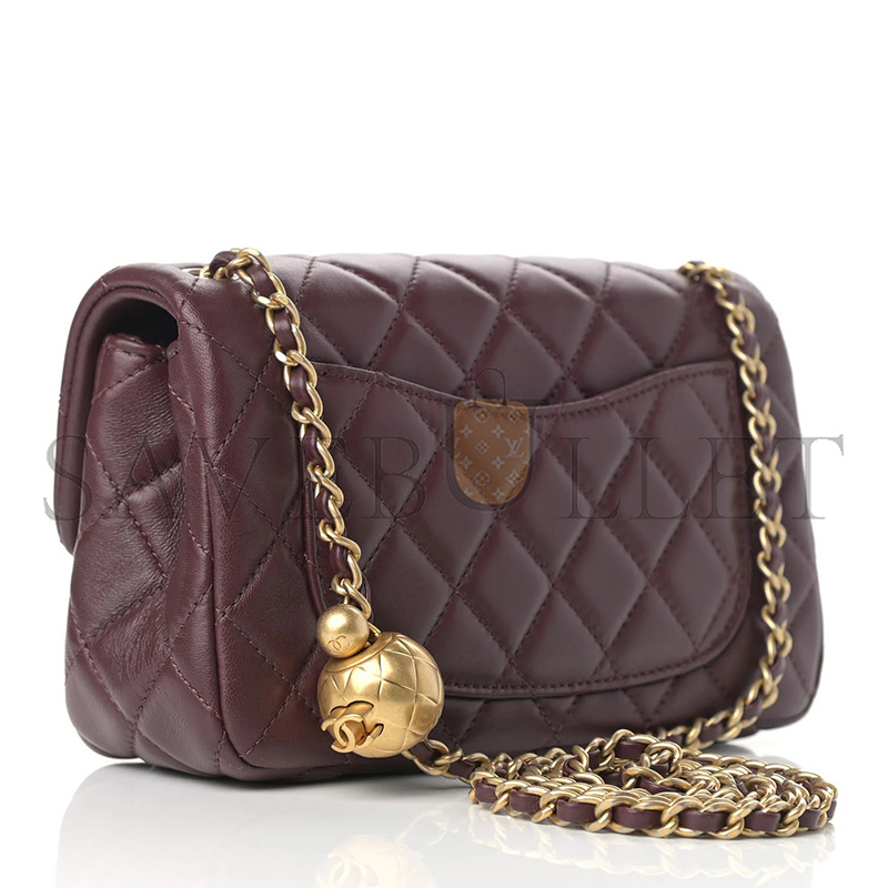 Ch**el MASTER LAMBSKIN QUILTED MINI RECTANGULAR PEARL CRUSH FLAP BURGUNDY (20*12*6cm)